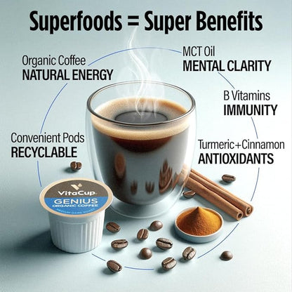 VitaCup Organic Genius Keto Coffee Pods, Increase Energy & Focus w/MCT Oil, Turmeric, B Vitamins, D3, Medium Dark Roast, Bold, Smooth, Single Serve Pod Compatible w/Keurig K-Cup Brewers, 24 Ct