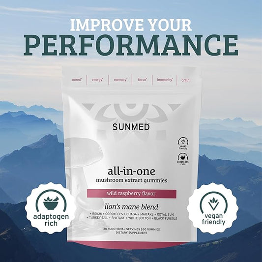 All-in-One Mushroom Gummy Supplements for Focus, Energy, Mood & Immune Support – 10 Functional Mushrooms (Lion’s Mane, Reishi, Cordyceps, Chaga) | Wild Raspberry Flavor, 60ct