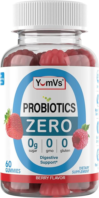 YUM-V'S - Zero Sugar Probiotic Gummies for Digestive Health - Sugar Free Probiotics for Women, Men & Kids - Gut Health Probiotic Gummies for Adults & Kids - Digestive Support Gummy Supplements - 60ct
