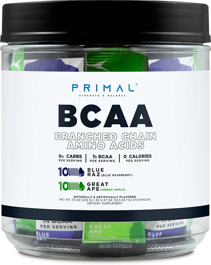 Primal BCAA Variety Pack, Blue Raspberry + Great Ape Green Apple Flavored (20 Stickpacks) - 7G BCAA per Serving, Branched Chain Amino Acids