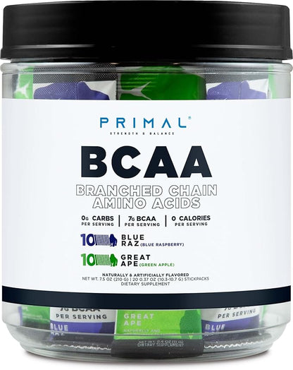 Primal BCAA Variety Pack, Blue Raspberry + Great Ape Green Apple Flavored (20 Stickpacks) - 7G BCAA per Serving, Branched Chain Amino Acids