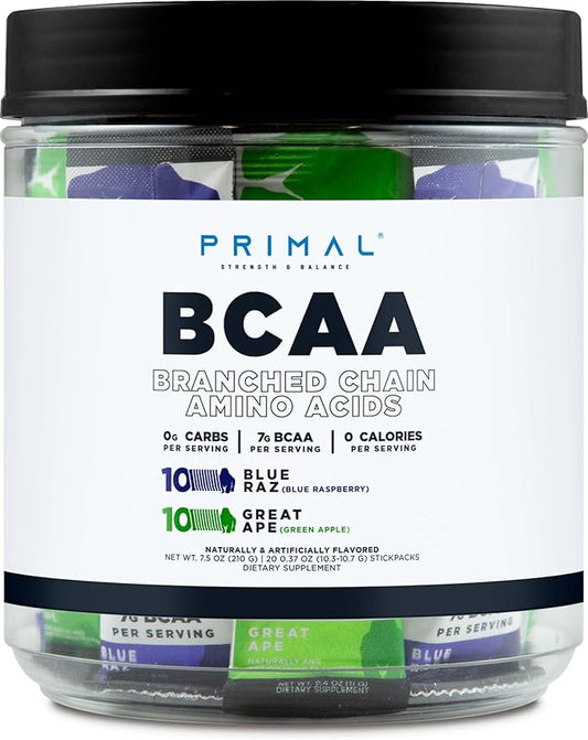 Primal BCAA Variety Pack, Blue Raspberry + Great Ape Green Apple Flavored (20 Stickpacks) - 7G BCAA per Serving, Branched Chain Amino Acids