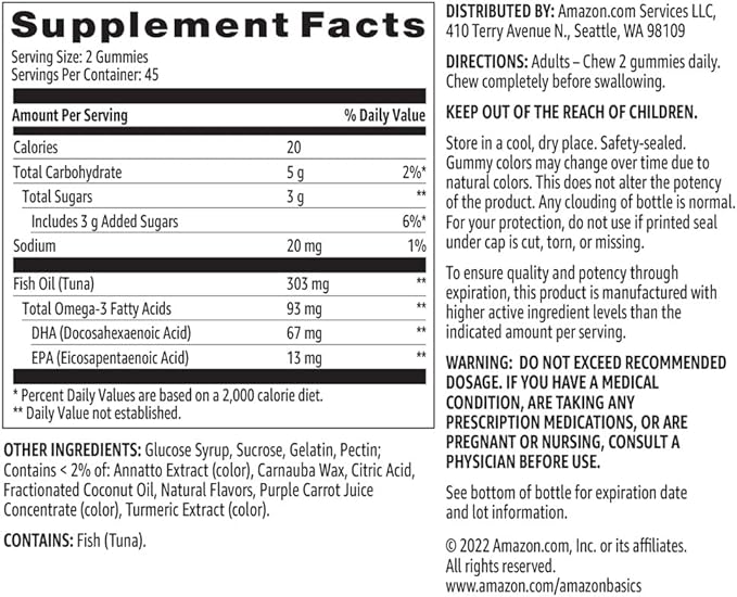 Amazon Basics Fish Oil 303 mg, Lemon, Orange & Strawberry-Banana flavors, 90 Gummies (2 per Serving), EPA and DHA Omega-3 fatty acids (Previously Solimo)