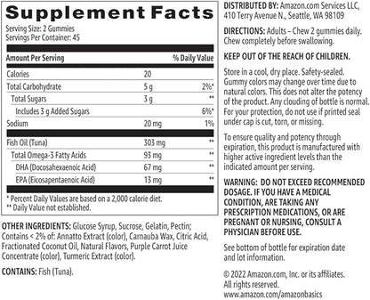 Amazon Basics Fish Oil 303 mg, Lemon, Orange & Strawberry-Banana flavors, 90 Gummies (2 per Serving), EPA and DHA Omega-3 fatty acids (Previously Solimo)