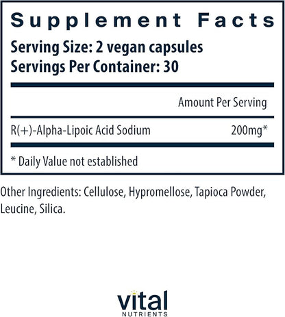 Vital Nutrients R-Lipoic Acid | Active Alpha-Lipoic Acid Antioxidant | ALA Supplement for Healthy Metabolism and Energy | Gluten, Dairy, Soy Free | Non-GMO | 60 Capsules