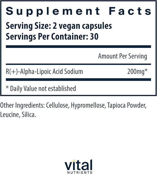 Vital Nutrients R-Lipoic Acid | Active Alpha-Lipoic Acid Antioxidant | ALA Supplement for Healthy Metabolism and Energy | Gluten, Dairy, Soy Free | Non-GMO | 60 Capsules