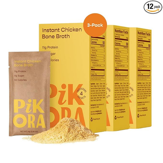 Pikora Chicken Bone Broth Instant Powdered Mix (3 Pack, 12 Servings) | High-Protein, Gluten-Free, Collagen-Rich, No Sugar, Keto & Paleo Friendly | 11g Protein, 50 Calories per Serving