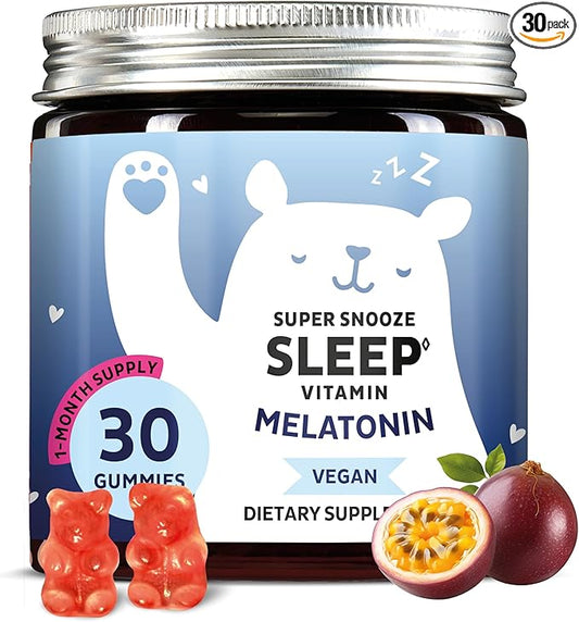 Vegan Melatonin 5mg Gummies, Sleep Gummies for Reduced time to Fall Asleep, with Vitamin B6 & Passion Fruit Extract - Super Snooze Sleep Vitamin (30 Gummies)