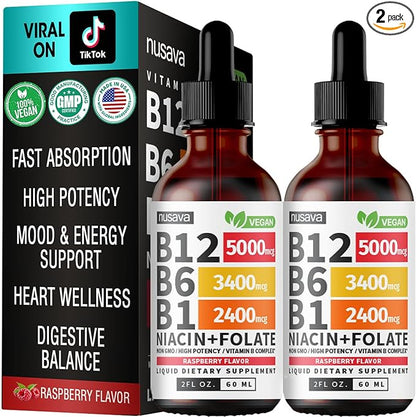 (2 Pack) Vitamin B12 and B6 Liquid Drops, B12 Sublingual Vitamin B Complex - B 12 Vitamin 5000mcg - B12 Methylcobalamin for Energy, Brain, and Heart Support with 27,200 mcg, Raspberry, 80 Servings