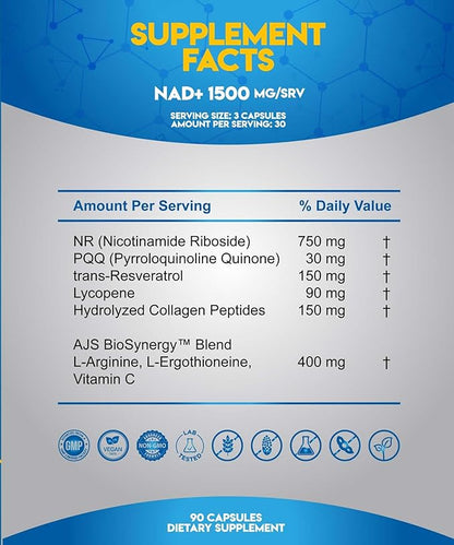 AJS NAD+ Cellular Energy – NR Supplement with PQQ, Resveratrol, Lycopene, Spermidine, L-Ergothioneine, and Collagen Peptides – 90 Capsules for Cellular Support