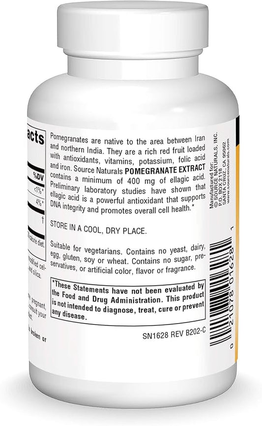 Source Naturals Pomegranate Extract 500mg Complete Whole Fruit Ellagic Acid Antioxidant & Added Fiber - 120 Tablets