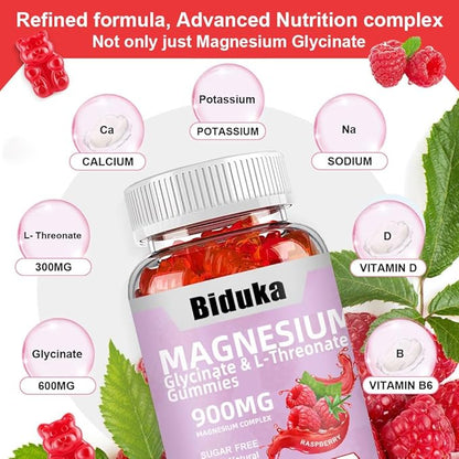 900mg Magnesium Complex 65 Raspberry Gummies, Sugar Free Magnesium Glycinate & L-Threonate Potassium Supplement with Vitamin D, B6, CoQ10 for Relaxation
