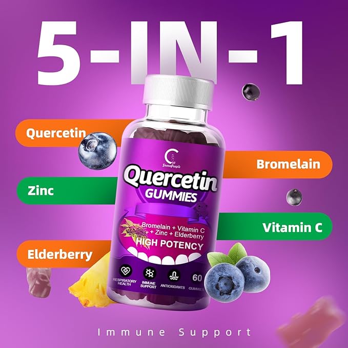 Quercetin Gummies - Quercetin with Bromelain, Vitamin C, Zinc & Elderberry, Extra Strength Immune System Booster, Lung Support Supplement for Adults Kids - 60 Quercetin Gummies (2 Pack)