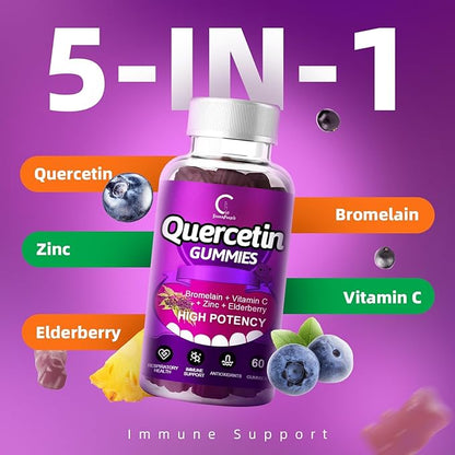 Quercetin Gummies - Quercetin with Bromelain, Vitamin C, Zinc & Elderberry, Extra Strength Immune System Booster, Lung Support Supplement for Adults Kids - 60 Quercetin Gummies (2 Pack)