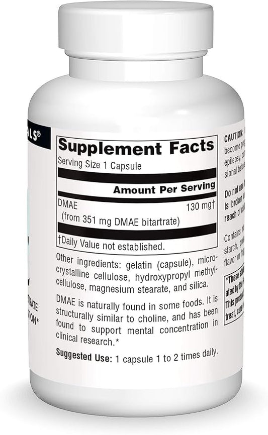 Source Naturals DMAE, Dimethylaminoethanol Bitartrate - Supports Mental Concentration*, 351mg - 100 Capsules