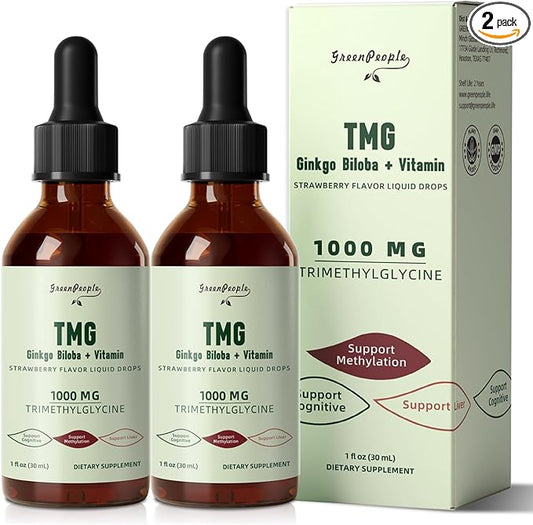 TMG Supplements 1000MG Liquid - 16-in-1 Trimethylglycine for Liver, Energy & Methylation Support - w/Ginkgo Biloba & Vitamins - Vegan High Absorption - Strawberry Flavor 1 Fl.Oz (2 Pack)