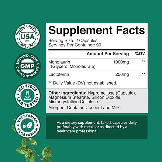 Natures Craft High Strength Lactoferrin & Monolaurin Supplement - Microbiome Digestive Health Immune Support Supplement - 250mg Lactoferrin and Monolaurin 1000mg Capsules - Vegetarian (90 Servings)