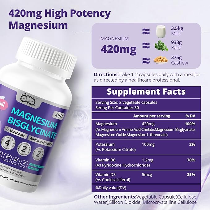 420 Mg Magnesium Bisglycinate L-Threonate Amino Acid Chelated Supplement with Vitamin and Potassium High Absorption Formula for Muscle Relaxation Bone & Joint Support Magnesium Complex Capsules