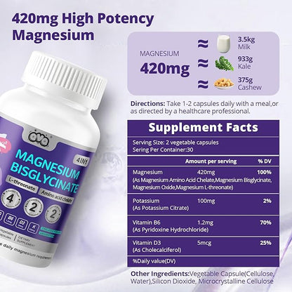 420 Mg Magnesium Bisglycinate L-Threonate Amino Acid Chelated Supplement with Vitamin and Potassium High Absorption Formula for Muscle Relaxation Bone & Joint Support Magnesium Complex Capsules