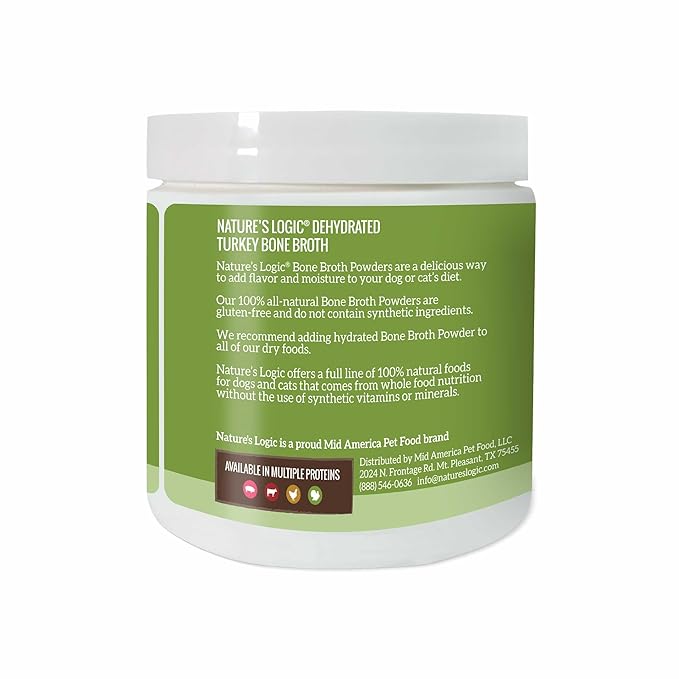 Nature's Logic Dehydrated Bone Broth Powder - 100% Natural Dog & Cat Topper - Rich in Glucosamine & Chondroitin - Boosts Immune System - Gluten-Free, No Synthetic Ingredients - Turkey, 6oz