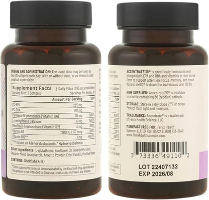 Accentrate110 - Focus Supplement - Methylated Vitamin B Complex with Omega 3 Fatty Acid Supplement - L-Methylfolate, Vitamin B12, P-5-P, Riboflavin, VIT D, – 60 Softgels (1 Month Supply)