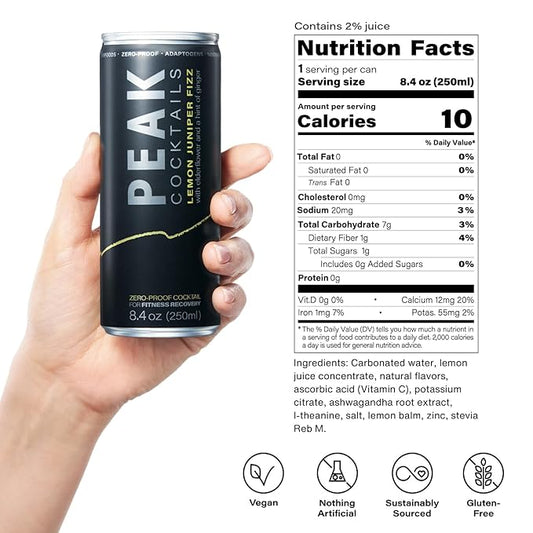 Peak Cocktails Non-Alcoholic Cocktail | Adaptogens, Nootropics, Superfoods for Recovery, Calm, Sleep | Ashwagandha, Tart Cherry, L-Theanine | Mixologist-crafted | Lemon Juniper Fizz | 8.4 oz, 24-Pack