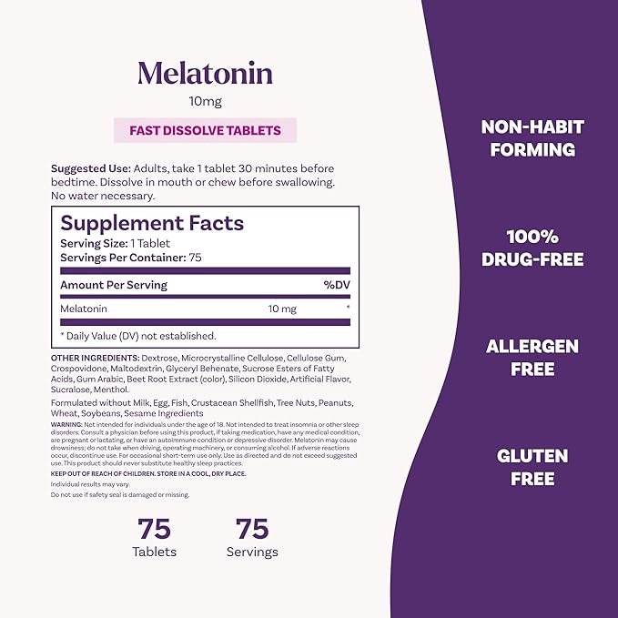 Natrol Fast Dissolve Melatonin 10 mg, Melatonin Supplements for Restful Sleep, Sleep Support for Adults, 75 Strawberry-Flavored Tablets, Up to a 75 Day Supply