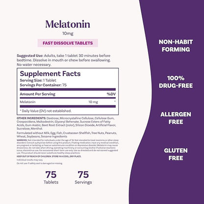 Natrol Fast Dissolve Melatonin 10 mg, Melatonin Supplements for Restful Sleep, Sleep Support for Adults, 75 Strawberry-Flavored Tablets, Up to a 75 Day Supply