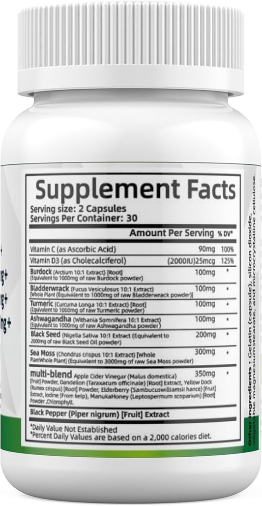 Super Sea Moss Blend - Advanced Formula with Ashwagandha KSM 66, Black Seed Oil, Burdock Root, Bladderwrack, Turmeric, ACV, Ayurveda - Lab Tested, Maximum Potency for Men and Women