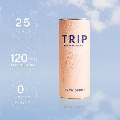 Trip Mindful Blend, Lightly Sparkling Adaptogen Seltzer, Mocktail w/ 120mg Magnesium Citrate with Ashwagandha, Lions Mane & L Theanine, No Added Sugar, Vegan, Peach Ginger, 12 Oz, 12Pk