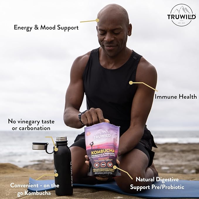 TruWild Natural Kombucha Powder Probiotic Supplement Vegan Drink Mix – Gut Health Digestive Enzymes w/Live Cultures + Apple Cider Vinegar & Prebiotics – 20 Servings