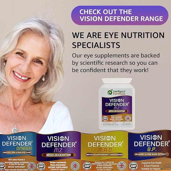 Vision Defender Meso Zeaxanthin Vegan Eye Supplement MZ- Protect and Improve Ocular Health & Eye Care, High Strength Antioxidant Carotenoid Meso-Zeaxanthin for Eyes (90 Capsules/One Daily) Made in UK
