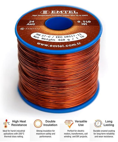 24 AWG - 1 lb (805 feet) 99.9% Pure Copper Wire, Enameled Magnetic Wire for Motor, Transformer, Magnetic Coil, & Electroculture Gardening, Winding Magnet Wire - 220°C (428°F) Thermal Class