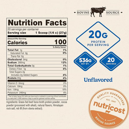 Nutricost Beef Bone Broth Protein Powder Chocolate (20 Servings) - Gluten-Free, GMO-Free