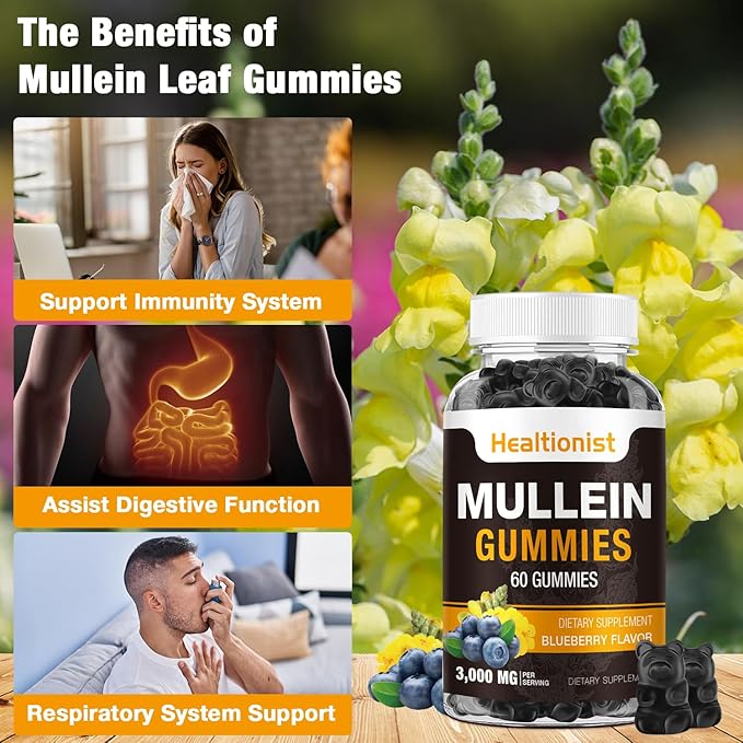 1 Pack Sugar Free Mullein Gummies - Lung Cleanse, 3000MG Mullein Supplement for Respiratory, Organic Mullein Drops Gummy with Quercetin & Bromelain for Lung, Digestive Health & Immune 90Ct