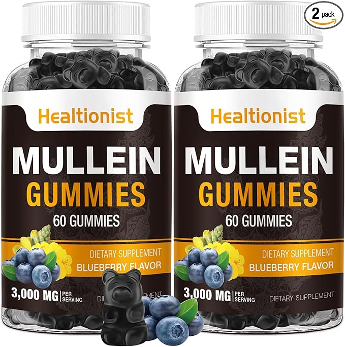 2 Pack Sugar Free Mullein Gummies - Lung Cleanse, 3000MG Mullein Supplement for Respiratory, Organic Mullein Drops with Quercetin & Bromelain for Lung, Digestive Health & Immune 120ct