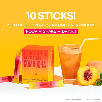 SUNMANC Kombucha 10 packets, Sparkling Probiotic Fermented Drink, Convenient Powdered Drink Mix, Tea Powder, Low Calories, Sugar 0g, Low Caffeine (Peach)