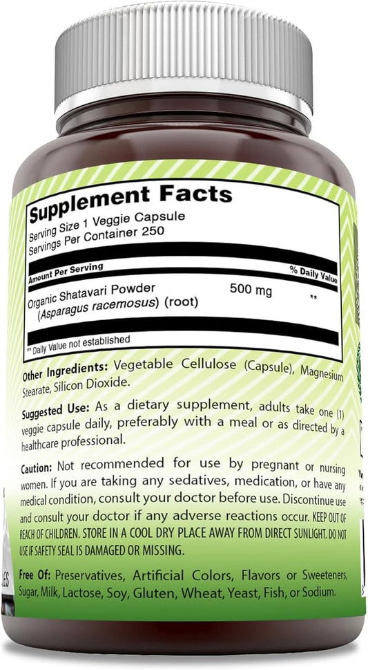 Amazing India Natural Shatavari 500 Mg per Serving 250 Veggie Capsules Supplement | Non-GMO | Gluten-Free