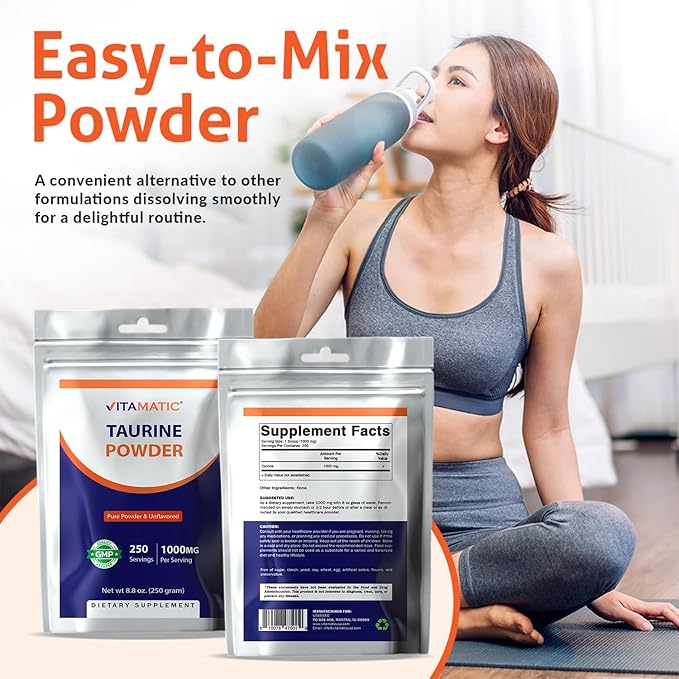 Vitamatic Pure Taurine 1000mg 250 Servings - Non-GMO, Gluten Free