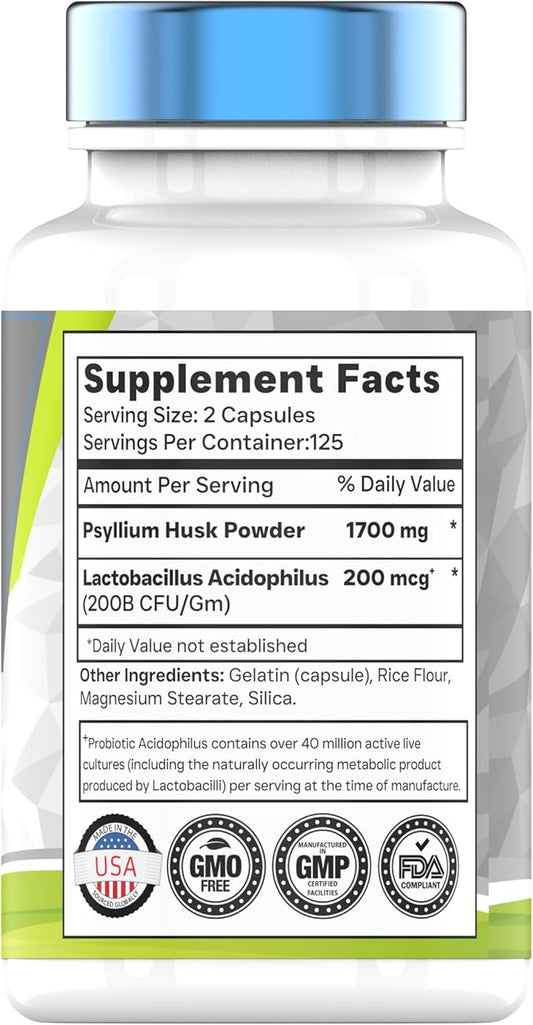 Psyllium Husk Capsules | 1700 MG - 250 Capsules | with Probiotic Acidophilus | Extra Strength Soluble & Dietary Fiber Supplement | Supports Digestive Health