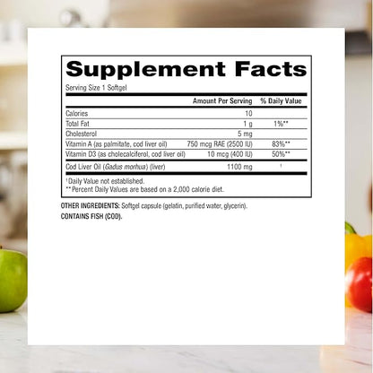 Webber Naturals Super Cod Liver Oil with Vitamin A and D3, 1100 mg Cod Liver Oil per Softgel, 180 Softgels, Value Size, Dairy, Gluten and Shellfish Free, Immune Support