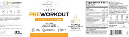 Type Zero Ultra Clean Stim Free Pump Pre Workout (Pineapple Orange Mango) Beetroot, Arginine, Citrulline Malate, Betaine, Beta A, ACV+ Sugar/Caffeine Free Non Stim Preworkout Men & Women