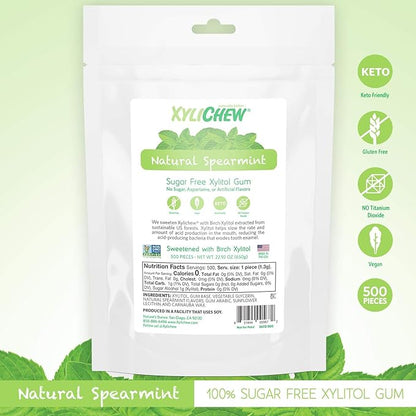 Xylichew 100% Xylitol Chewing Gum - Non GMO, Non Aspartame, Gluten Free, and Sugar Free Gum - Natural Oral Care, Relieves Bad Breath and Dry Mouth - Spearmint, 500 Count