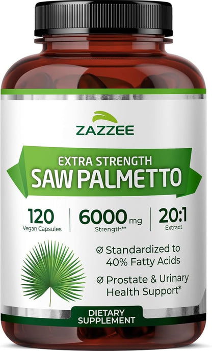 Zazzee Extra Strength Saw Palmetto 20:1 Extract, 6000 mg Strength, 40% Fatty Acids, 120 Vegan Capsules, 4 Month Supply, Concentrated and Standardized 20X Extract, Non-GMO, All-Natural, Made in the USA