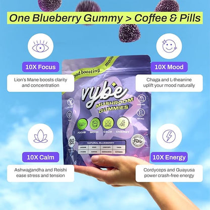 Vybe Daily Nootropic Gummies – 8-in-1 Mushroom & Adaptogen Brain Supplement for Focus, Energy, and Mood with Lion's Mane, Cordyceps, Reishi, Chaga, Ashwagandha (Blueberry, 60-Count)