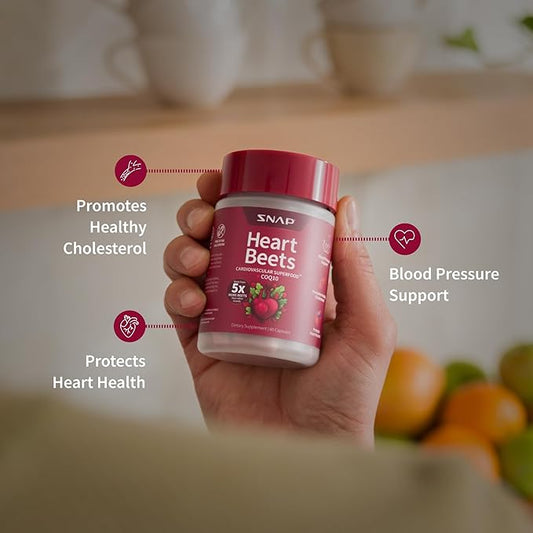Snap Supplements Heart Beets Capsules with CoQ10, Cardiovascular Support Supplement for Men & Women, Superfood Made with 5X More Beets, Heart Health, Circulation & Cholesterol Support, 60 Capsules
