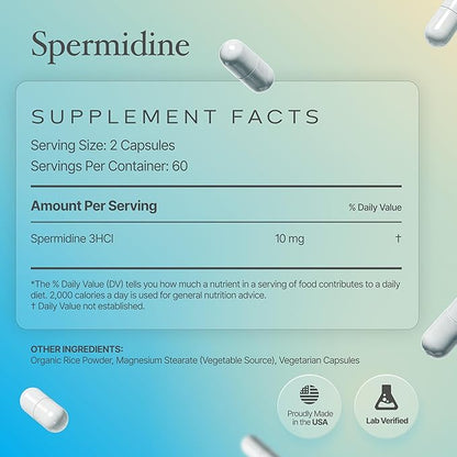 Spermidine Capsules 𝗚𝗟𝗨𝗧𝗘𝗡 𝗙𝗥𝗘𝗘 99% Concentration 100x More Potent Than Wheat Germ Extract for Anti-Aging DNA Telomere Support