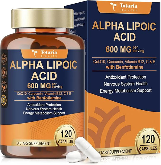 Alpha Lipoic Acid 600mg with Benfotiamine 300mg - ALA Supplement for Neuropathy Support Nerve Health & Antioxidant, Cell Energy, Metabolism and Anti-Aging, Non-GMO, Gluten Free, Vegan 120 Counts