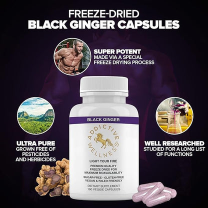 Addictive Wellness Black Ginger Capsules 450mg, Kaempferia Parviflora Supplement to Support Energy, Metabolism, Endurance & Performance, Thai Black Ginger for Men, Vegan & Paleo, 100 Count