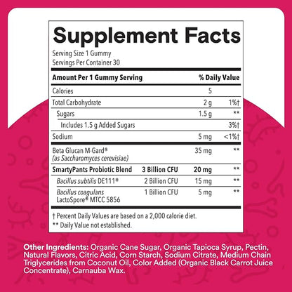 SmartyPants Adult Probiotic Gummies for Digestive Health: 3 Billion CFU, Gut Health and Immune Support Supplement, Clinically Studied Probiotic, Gluten Free, Strawberry, 30 Count (30 Day Supply)